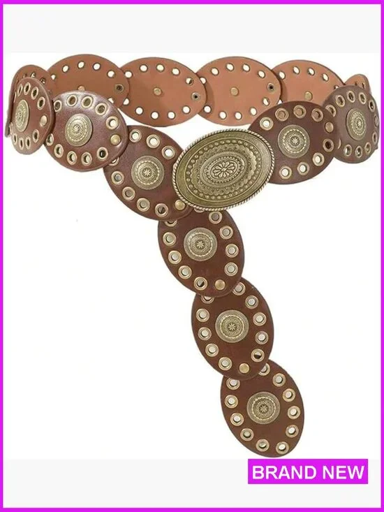 Wide Western Leather Belt Boho Concho Buckle Adjustable Vintage Cowgirl Style - Picture 1 of 6